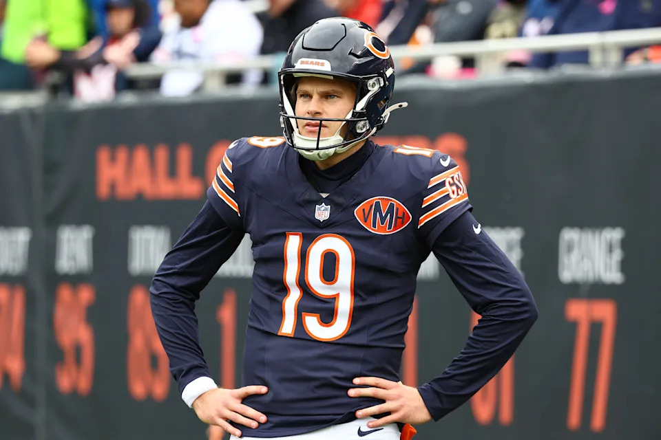 Oct 19, 2025; Chicago, Illinois, USA; Chicago Bears punter Tory Taylor (19) on the sidelines against the New Orleans Saints during the second half at Soldier Field. Mandatory Credit: Mike Dinovo-Imagn Images