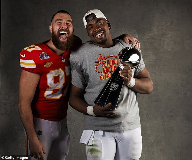 Kelce and Jones celebrate winning the 2023 Super Bowl together during happier times