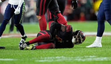 San Francisco 49ers linebacker Tatum Bethune reacts after injuring himself in Saturday's loss