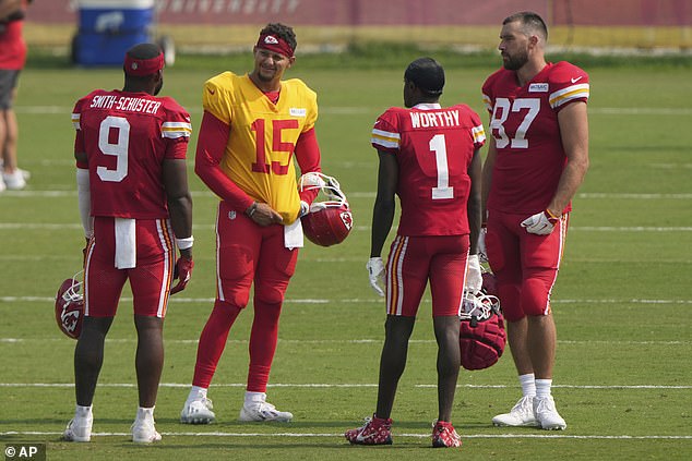 Kelce and Patrick Mahomes pictured with WRs JuJu Smith-Schuster and Xavier Worthy