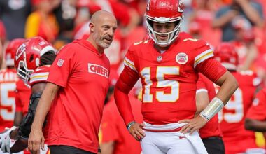 Matt Nagy (left, talking to Patrick Mahomes) interviewed with the Baltimore Ravens on Sunday