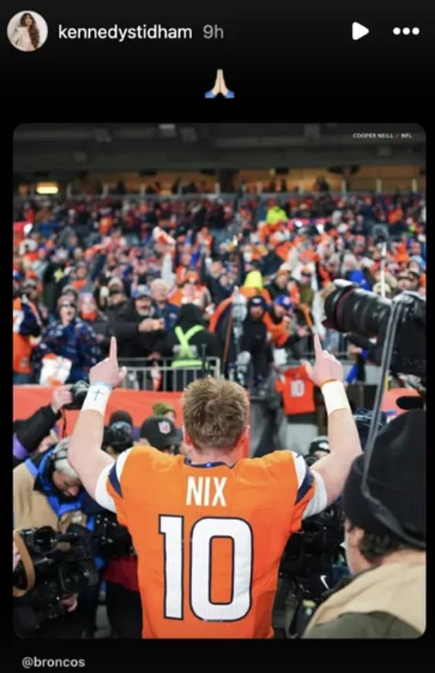 Kennedy shared a prayer hands emoji above a photo of Nix walking off the field to her story