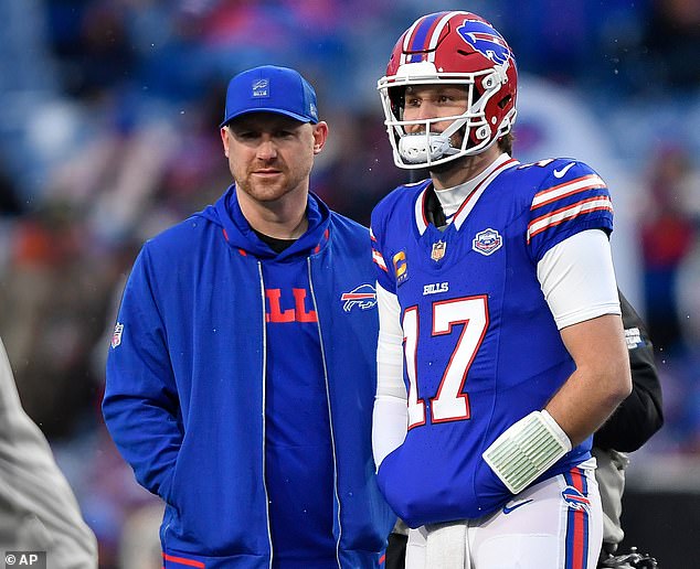 Bills OC Joe Brady, pictured alongside Allen, is also in the running for the head coach job
