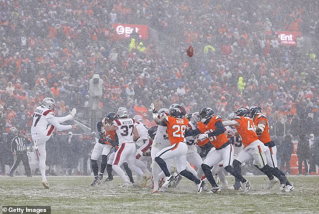 The New England Patriots narrowly beat the Denver Broncos in a snowy AFC Championship