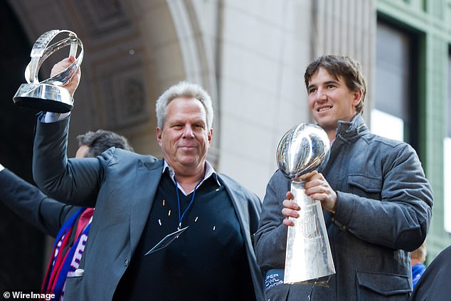 Tisch pictured with former Giants quarterback Eli Manning after their Super Bowl win in 2012