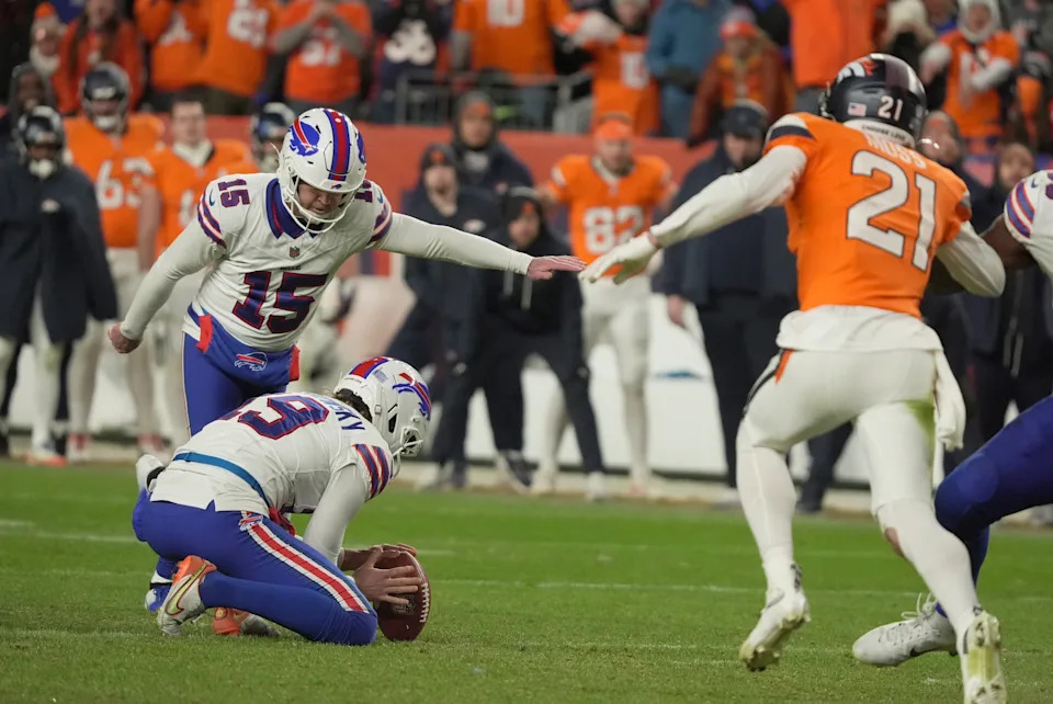 Buffalo Bills place kicker Matt Prater makes the field goal sending the game into overtime during second half action at Empower FIeld at Mile High in Denver, Colorado on Jan. 17, 2026.