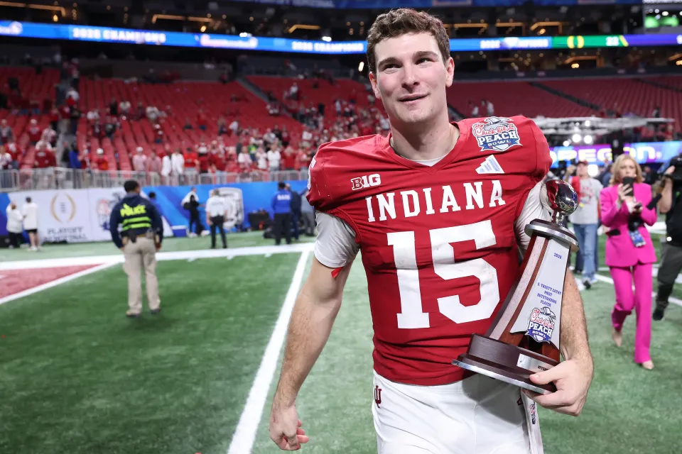 Fernando Mendoza #15 of the Indiana Hoosiers celebrates after defeating the Oregon Ducks in the 2025 College Football Playoff Semifinal at the Chick-fil-A Peach Bowl at Mercedes-Benz Stadium on January 09, 2026
