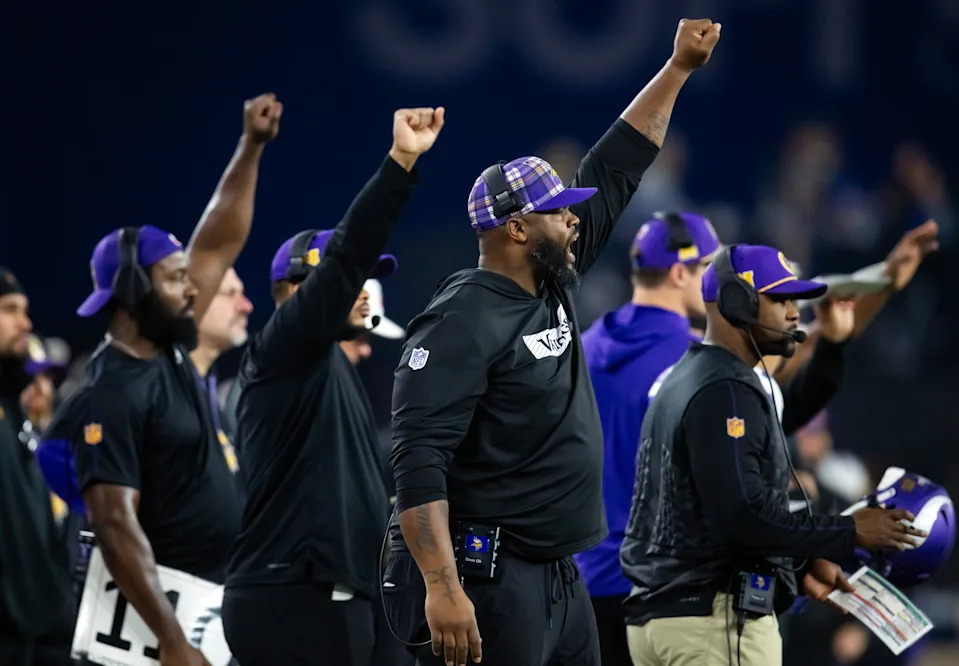 Jan 13, 2025; Glendale, AZ, USA; Minnesota Vikings defensive line coach Marcus Dixon against the Los Angeles Rams during an NFC wild card game at State Farm Stadium. Mandatory Credit: Mark J. Rebilas-Imagn Images