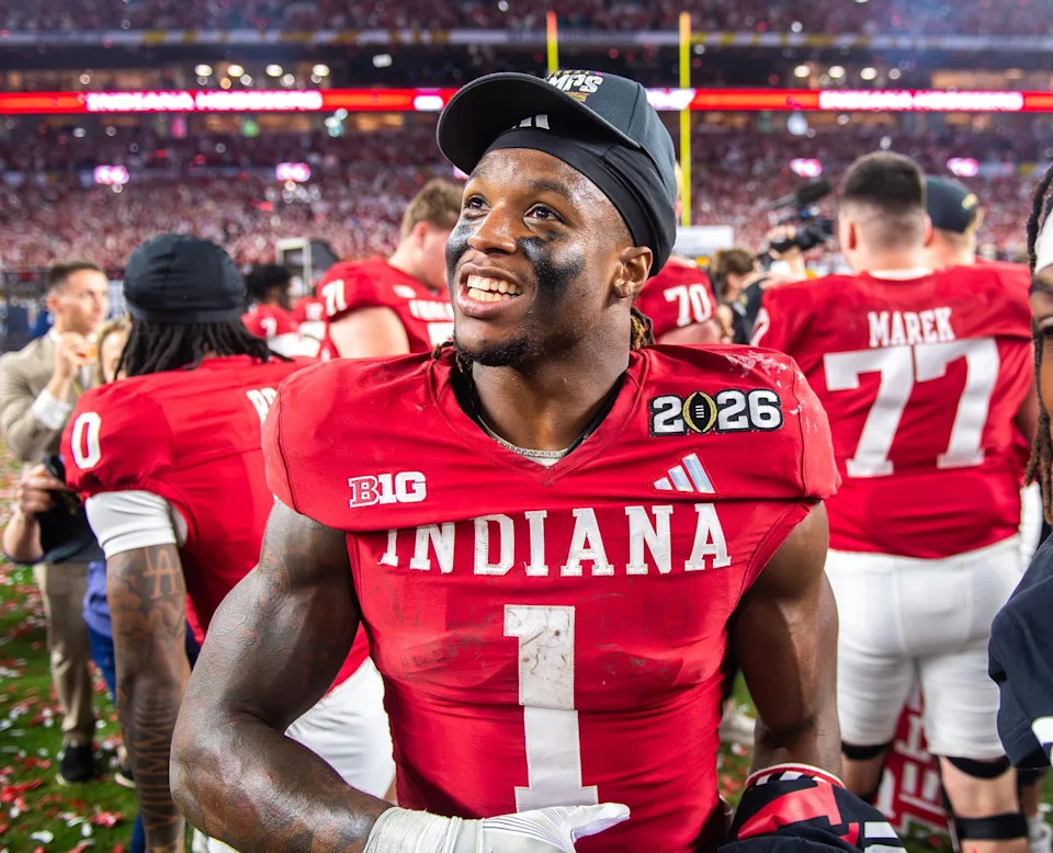 Indiana's Roman Hemby (1) celebrates after the College Football Playoff National Championship college football game at Hard Rock Stadium in Miami Gardens on Monday, Jan. 19, 2026.