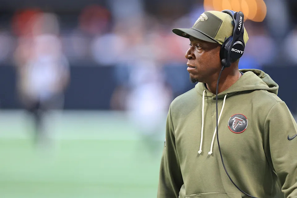 ATLANTA, GA - NOVEMBER 16: Head coach Raheem Morris of the Atlanta Falcons looks on during the Sunday afternoon NFL game between the Atlanta Falcons and the Carolina Panthers on November 16, 2025 at Mercedes-Benz Stadium in Atlanta, Georgia.  (Photo by David J. Griffin/Icon Sportswire via Getty Images)