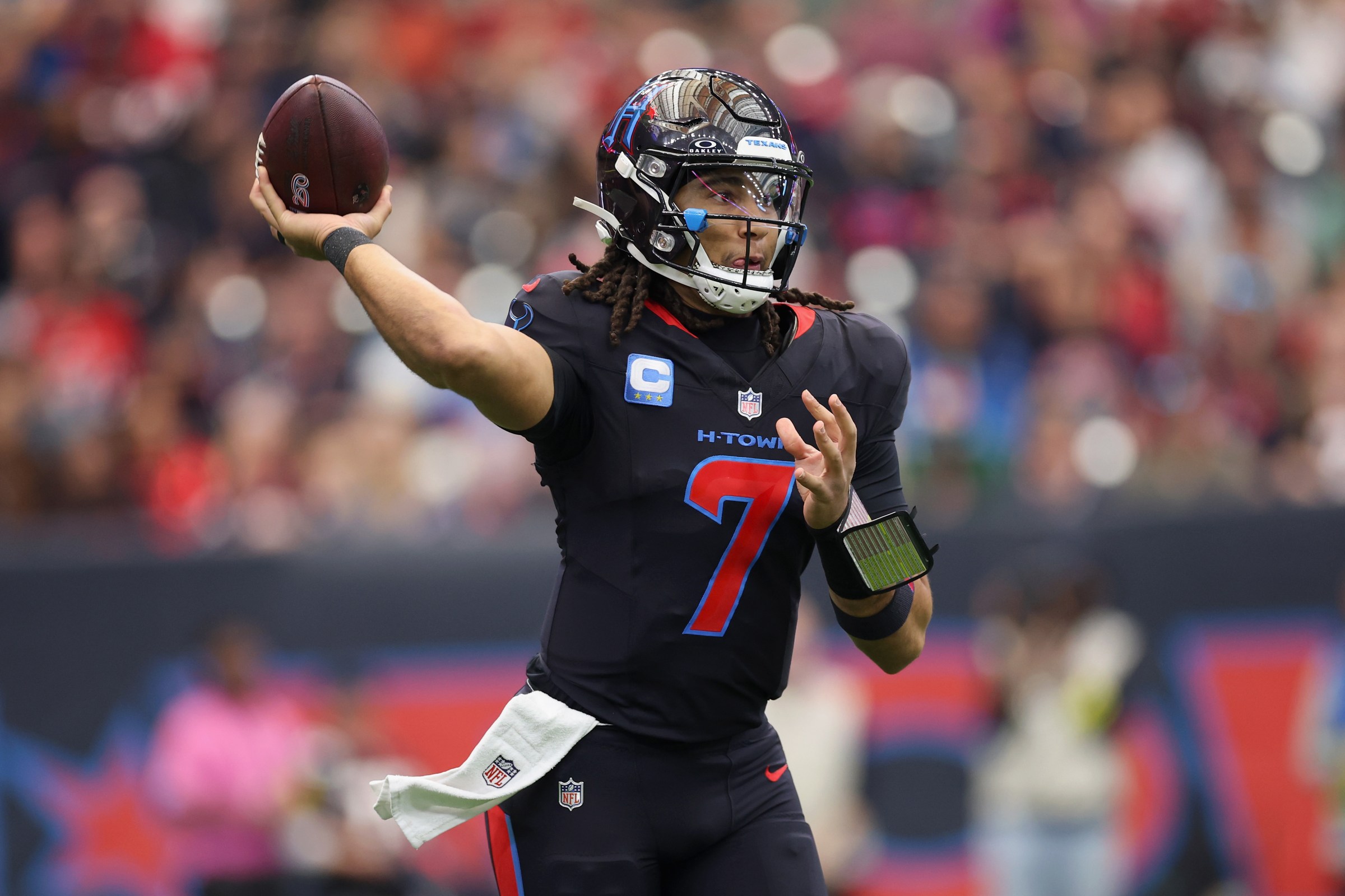 HOUSTON, TEXAS - JANUARY 04: C.J. Stroud #7 of the Houston Texans throws a pass during the first quarter of the game against the Indianapolis Colts at NRG Stadium on January 04, 2026 in Houston, Texas. (Photo by Tim Warner/Getty Images)