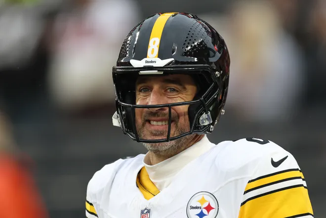 Dec 28, 2025; Cleveland, Ohio, USA; Pittsburgh Steelers quarterback Aaron Rodgers (8) reacts before the game against the Cleveland Browns at Huntington Bank Field. Mandatory Credit: Scott Galvin-Imagn Images
