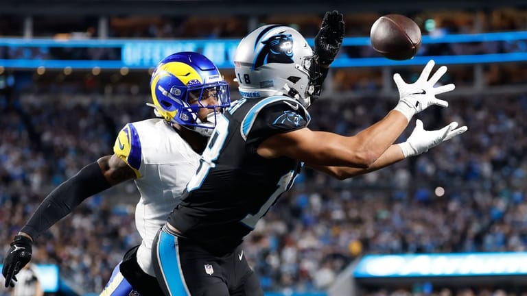 Carolina Panthers wide receiver Jalen Coker makes a touchdown catch...