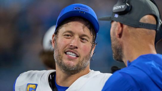 Los Angeles Rams quarterback Matthew Stafford #9 looks on during an NFL Wildcard football game against the Carolina Panthers, on Saturday, January 10, 2026 in Charlotte, North Carolina.             