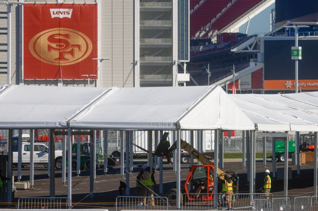 Workers prepare for the Super Bowl at Levi's Stadium in Santa Clara, Calif., on Wednesday, Jan. 14, 2026. (Shae Hammond/Bay Area News Group)