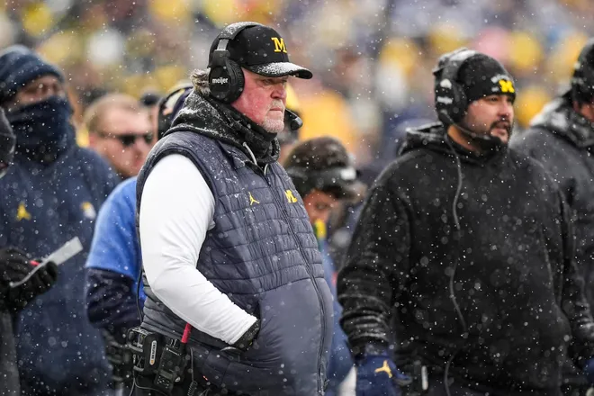 Michigan defensive coordinator Wink Martindale watches a play against Ohio State during the second half at Michigan Stadium in Ann Arbor on Saturday, Nov. 29, 2025.