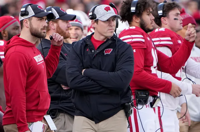 Wisconsin head coach Jim Leonhard, center, is shown during the first quarter of their game Saturday, November 26, 2022 at Camp Randall Stadium in Madison, Wis.MARK HOFFMAN/MILWAUKEE JOURNAL SENTINEL
