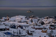 Military vessel of the Royal Danish Navy patrols near Nuuk, Greenland. A reader says it’s...