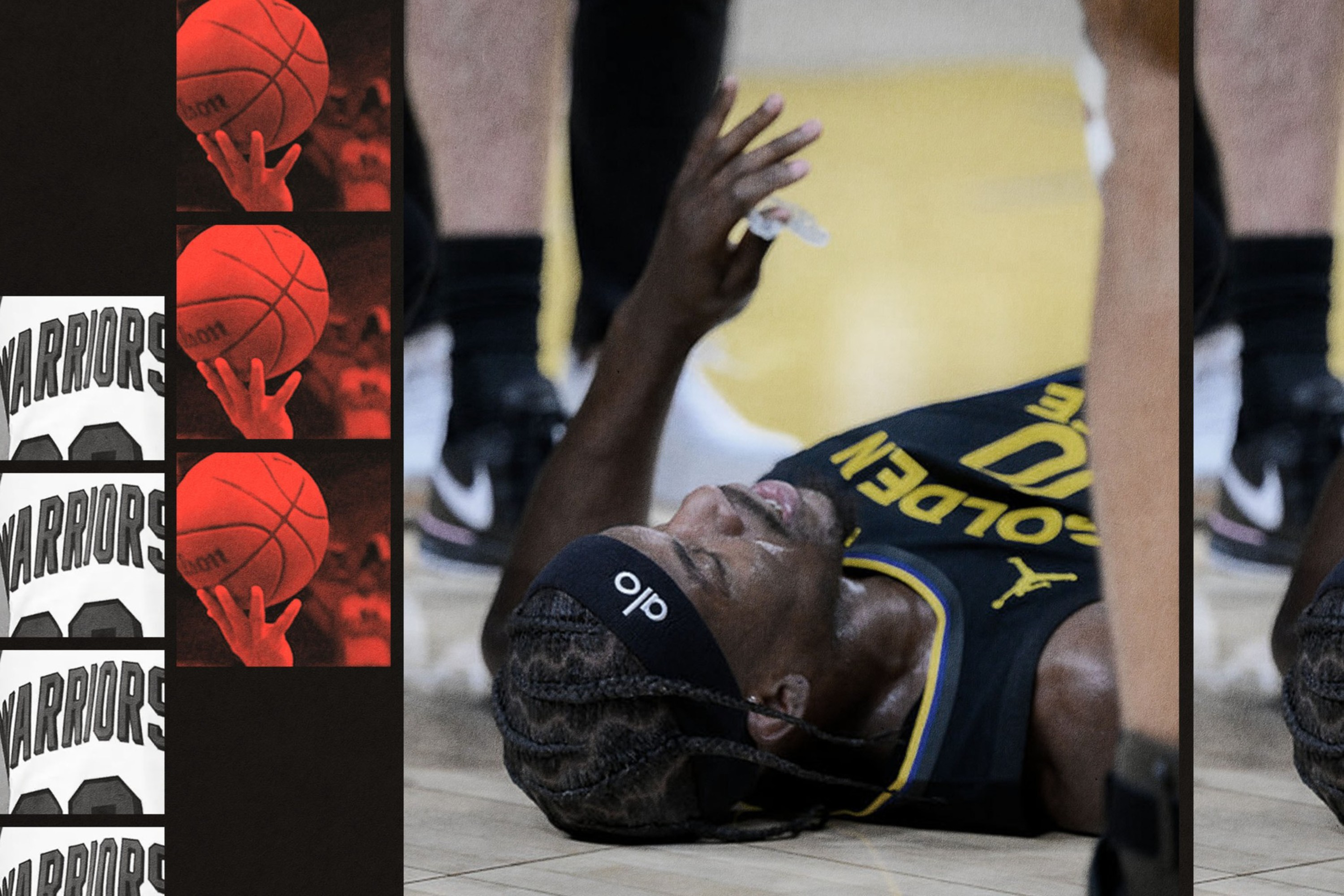 A basketball player wearing a Golden State Warriors jersey lies on the court, appearing injured or exhausted, with his arm raised slightly.