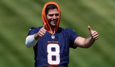 Denver Broncos QB Jarrett Stidham giving thumbs up