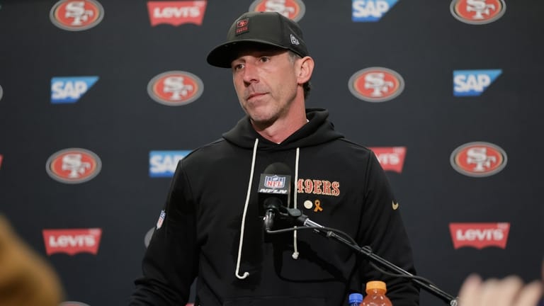 San Francisco 49ers head coach Kyle Shanahan speaks during a...