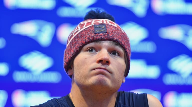 New England Patriots quarterback Drake Maye speaks at a news...