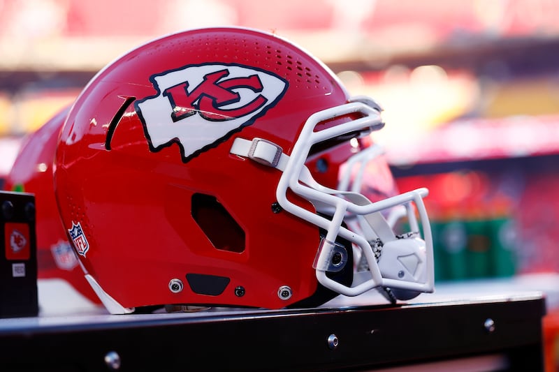 KANSAS CITY, MO - NOVEMBER 23: Kansas City Chiefs helmets sit on the sidelines during an NFL game between the Indianapolis Colts and the Kansas City Chiefs on November 23, 2025 at GEHA Field at Arrowhead Stadium in Kansas City, MO.  (Photo by Jeffrey Brown/Icon Sportswire via Getty Images)