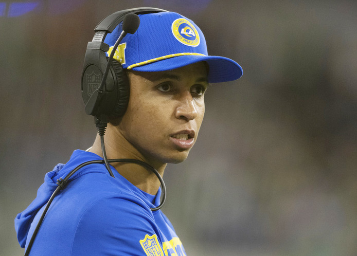 Los Angeles Rams offensive assistant Nate Scheelhaase watches his players during an NFL football game against the Philadelphia Eagles, Sunday, Nov. 24, 2024, in Inglewood, Calif. 