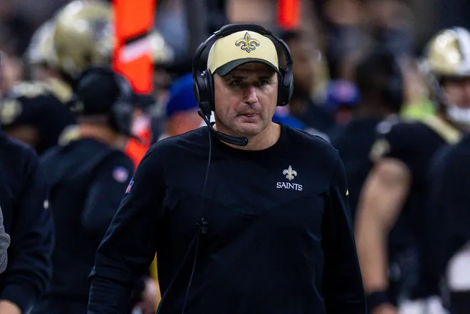 Jan 8, 2023; New Orleans, Louisiana, USA; New Orleans Saints offensive line coach Doug Marrone looks on against the Carolina Panthers during the second half at Caesars Superdome. Mandatory Credit: Stephen Lew-USA TODAY Sports