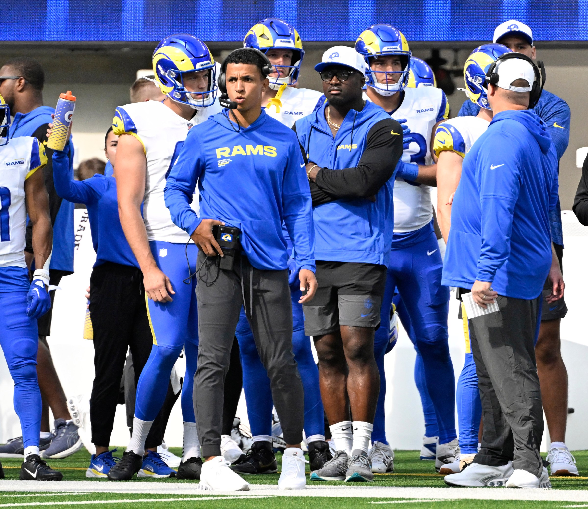 Inglewood, CA - August 09: Coach Nate Scheelhaase of the Los Angeles Rams in the first half of a NFL football game at SoFi Stadium in Inglewood on Saturday, August 9, 2025. (Photo by Keith Birmingham/MediaNews Group/Pasadena Star-News via Getty Images)