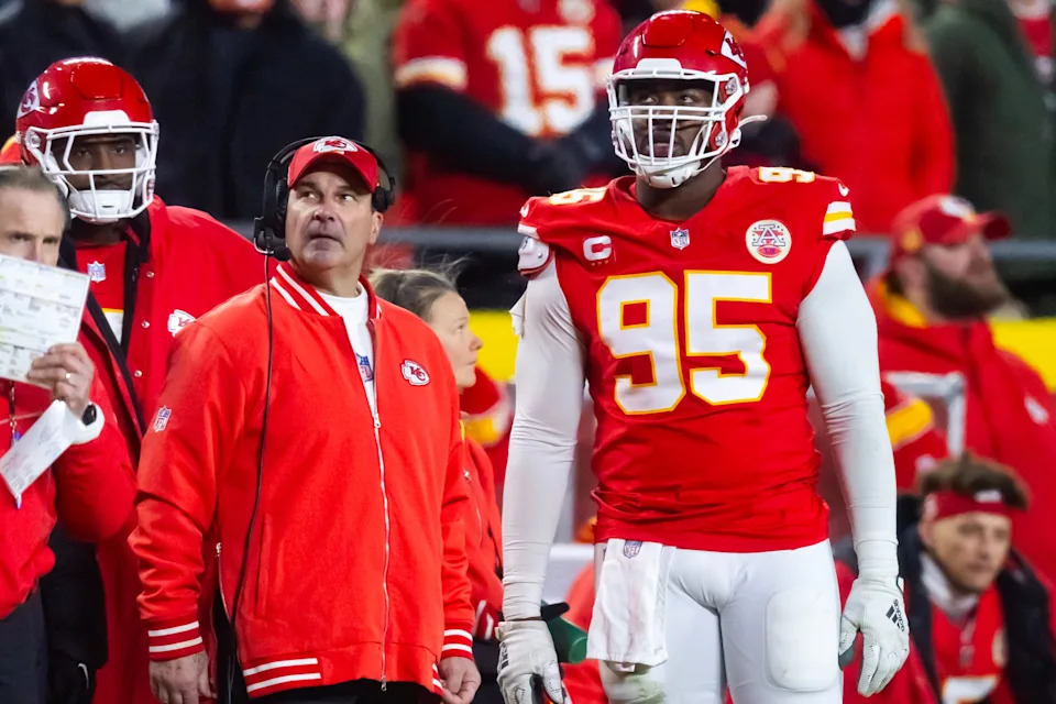Jan 26, 2025; Kansas City, MO, USA; Kansas City Chiefs defensive line coach Joe Cullen with defensive tackle Chris Jones (95) against the Buffalo Bills during the AFC Championship game at GEHA Field at Arrowhead Stadium. Mandatory Credit: Mark J. Rebilas-Imagn Images