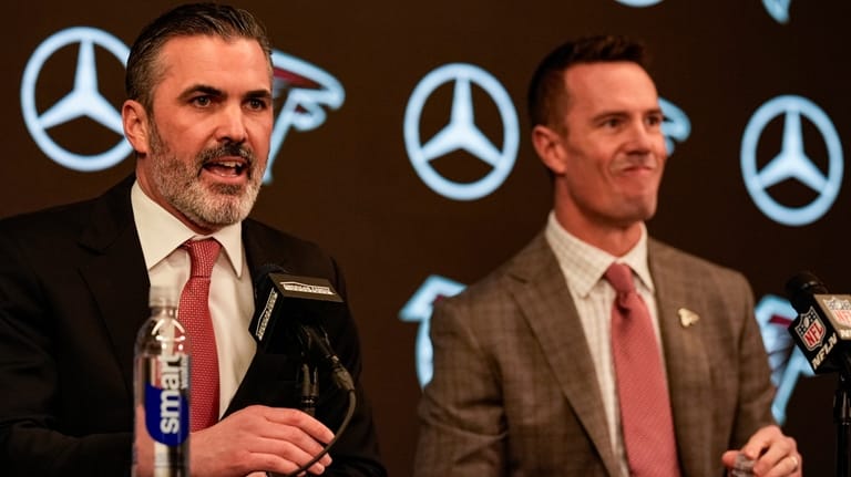 New Atlanta Falcons head coach Kevin Stefanski speaks during a...