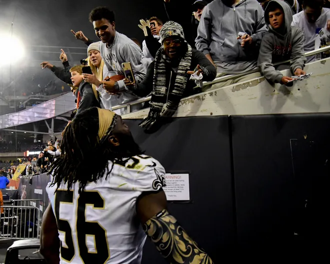 Oct 20, 2019; Chicago, IL, USA; New Orleans Saints outside linebacker Demario Davis (56) greets fans after the game against the Chicago Bears at Soldier Field. Mandatory Credit: Matt Marton-USA TODAY Sports