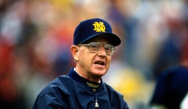 Head Coach Lou Holtz of the Notre Dame Fighting Irish looks on during an NCAA Football game circa 1990. Holtz coached the Notre Dame Fighting Irish from 1986-1996.