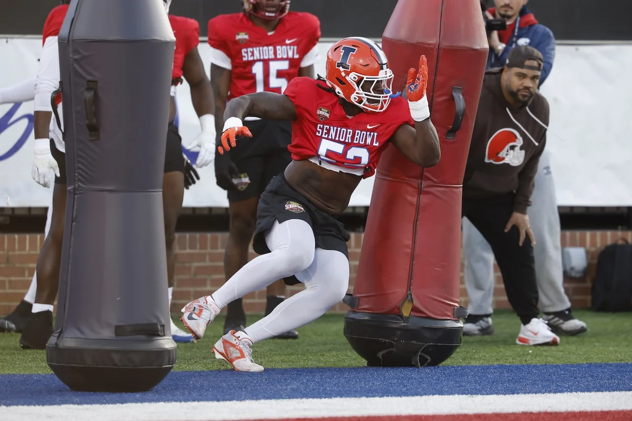 American Team defensive lineman Gabe Jacas (52), of Illinois, runs through drills during practice for the Senior Bowl NCAA college football game Tuesday, Jan. 27, 2026, in Mobile, Ala. (AP Photo/Butch Dill)