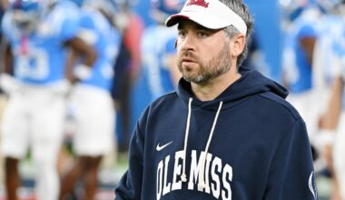 GLENDALE, ARIZONA - JANUARY 08: Head coach Pete Golding of the Ole Miss Rebels looks on during warmups prior to the game against the Miami Hurricanes during the 2025 College Football Playoff Semifinal at the VRBO Fiesta Bowl at State Farm Stadium on January 08, 2026 in Glendale, Arizona. (Photo by Norm Hall/Getty Images)