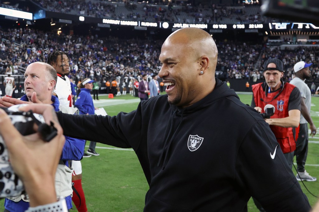 Antonio Pierce of the Las Vegas Raiders reacts after the Raiders defeated the New York Giants, 30-6, at Allegiant Stadium on November 05, 2023 in Las Vegas, Nevada. 