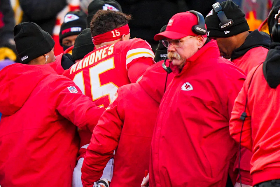 Kansas City Chiefs quarterback Patrick Mahomes (15) is attended to by team medical staff following an injury.Jay Biggerstaff-Imagn Images