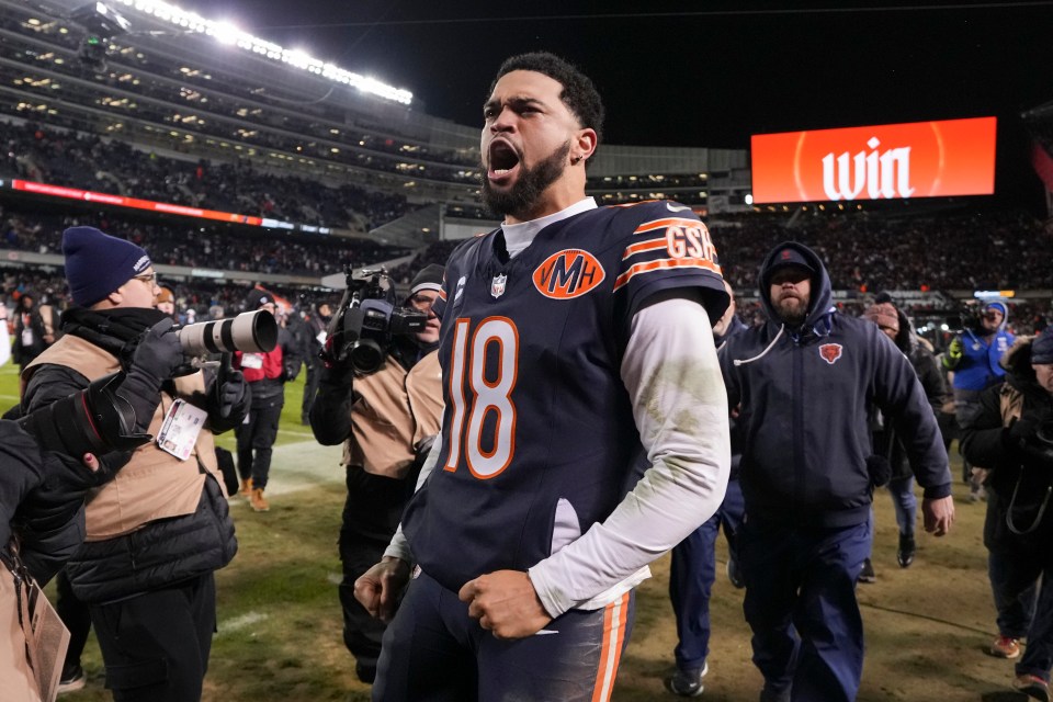 Caleb Williams #18 of the Chicago Bears celebrates after an NFL Wild Card game against the Green Bay Packers at Solider Field on January 10, 2026 in Chicago, Illinois.