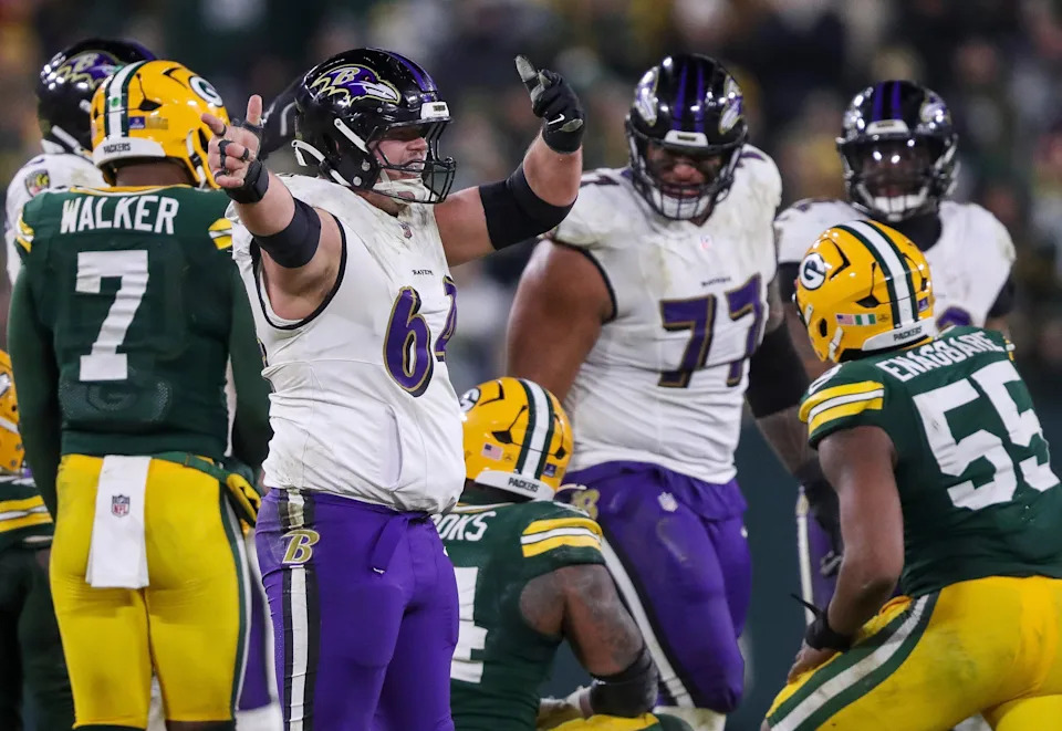Baltimore Ravens center Tyler Linderbaum (64) reacts after a defensive penalty against the Green Bay Packers gives the Ravens a first down on Saturday, December 27, 2025, at Lambeau Field in Green Bay, Wis. The Ravens won the game, 41-24.
Tork Mason/USA TODAY NETWORK-Wisconsin