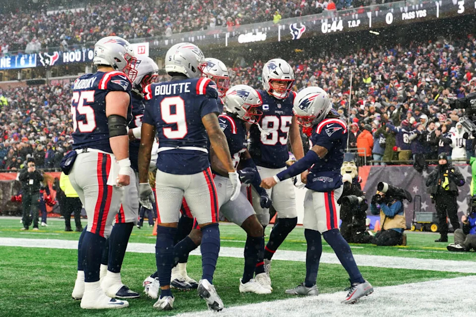 Jan 18, 2026; Foxborough, MA, USA; New England Patriots wide receiver DeMario Douglas (3) celebrates in the first quarter after scoring a touchdown against the Houston Texans in an AFC Divisional Round game at Gillette Stadium. Mandatory Credit: David Butler II-Imagn Images
