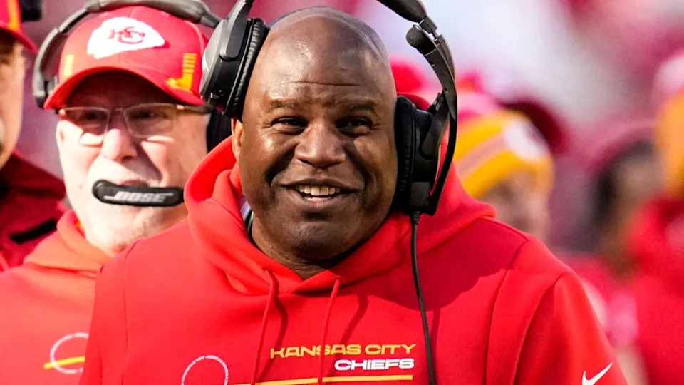 Kansas City Chiefs offensive coordinator Eric Bieniemy reacts during the first half against the Las Vegas Raiders.Jay Biggerstaff/Imagn Images