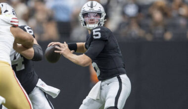 Raiders quarterback Cam Miller (5) drops back to throw against the San Francisco 49ers during t ...