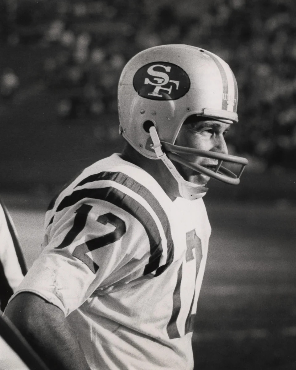 San Francisco 49ers quarterback John Brodie on the sidelines against the Los Angeles Rams at the Memorial Coliseum.