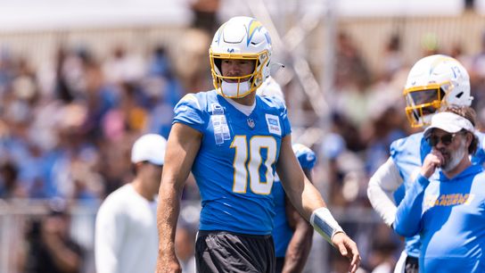 Los Angeles Chargers quarterback Justin Herbert (10) observes practice during Chargers training camp on Monday, August 4th, 2025, at The Bolt in El Segundo, Calif.