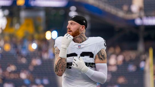 Las Vegas Raiders defensive end, Maxx Crosby (98) getting excited before an NFL football game against the Los Angeles Chargers on November 30, 2025 in Los Angeles, CA.
