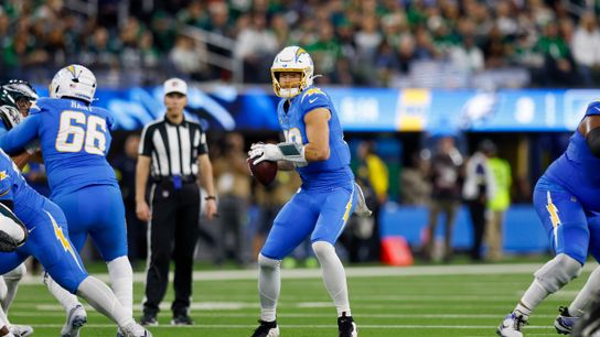 Los Angeles Chargers quarterback Justin Herbert (10) looks to throw the ball during a NFL game against the Philadelphia Eagles on. Monday December 08, 2025 at Sofi Stadium in Inglewood, CA.