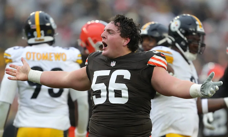 Cleveland Browns center Luke Wypler (56) reacts during the first half of an NFL football game at Huntington Bank Field, Dec. 28, 2025, in Cleveland, Ohio.