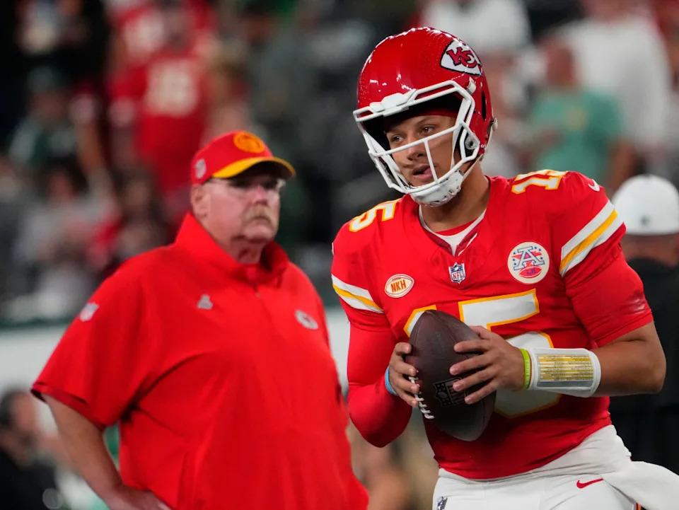 Kansas City Chiefs quarterback Patrick Mahomes (15) and Kansas City Chiefs head coach Andy Reid.Robert Deutsch-Imagn Images