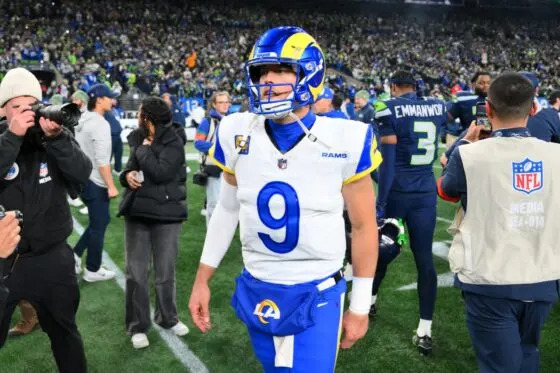 Los Angeles Rams quarterback Matthew Stafford (9) leaves the field after the 2026 NFC Championship Game against the Seattle Seahawks at Lumen Field on Jan 25, 2026.